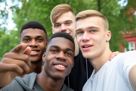 three young men taking a selfie together outside against a green background, created with generative aiの素材