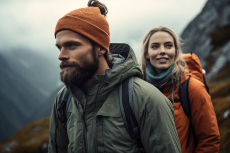 shot of a young couple going for a hike in the mountains, created with generative aiの素材