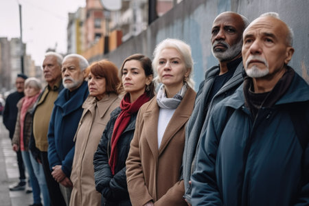 high angle portrait of a diverse group of people standing in line together against an urban background, created with generative aiの素材