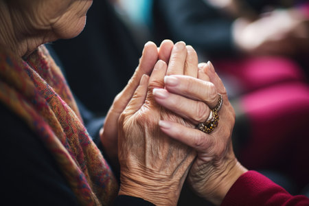 woman, happy and community hands at a church for faith with spiritual, religion or belief, created with generative aiの素材