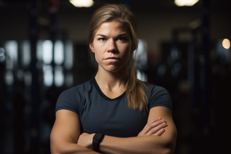 portrait of a female athlete standing with her arms crossed, created with generative aiの素材