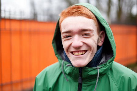 closeup portrait of a smiling young disabled athlete standing outside, created with generative aiの素材