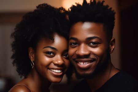 black couple, smile and portrait in home with happiness, love and care for relationship, created with generative aiの素材