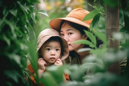 parents, kid and portrait in garden for relax, travel or mother daughter bonding with love, created with generative aiの素材