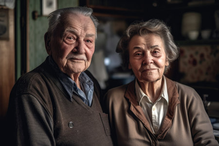 portrait of an older couple in the kitchen, created with generative aiの素材