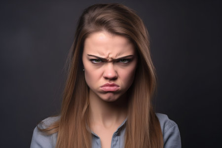 studio shot of an attractive young woman looking angry against a gray background, created with generative aiの素材