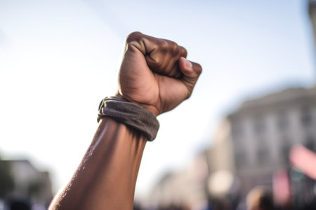 shot of an unrecognizable person doing a fist pump in celebration, created with generative aiの素材