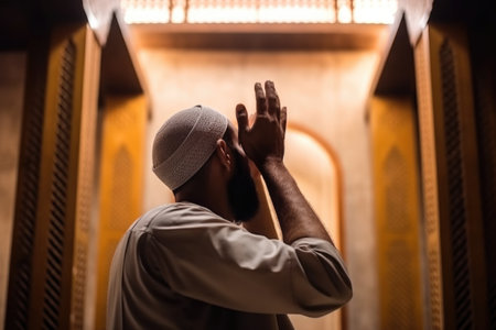 prayer, mosque and muslim man with hands for hope, freedom and worship in a building, created with generative aiの素材
