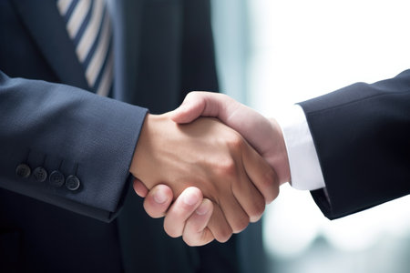 a cropped image of two businessmen shaking hands, created with generative aiの素材