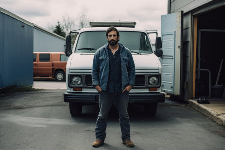 shot of a man standing in front of his van, created with generative aiの素材