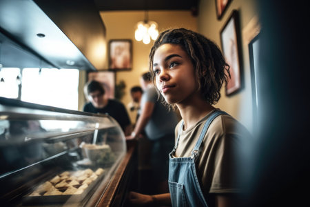 shot of a young woman getting ready to take an order from her customers, created with generative aiの素材