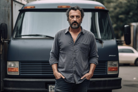 shot of a man standing in front of his van, created with generative aiの素材