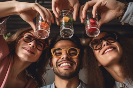 cropped shot of a group of friends holding cocktail glasses upside down over their heads, created with generative aiの素材