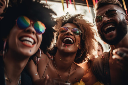 cropped shot of people having fun at a party, created with generative aiの素材
