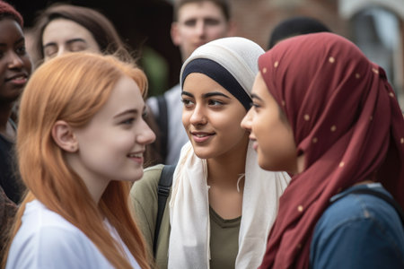 female students talking in the college campus with a group of peers behind them, created with generative aiの素材