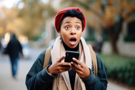 surprised, social media and phone with black woman of student streaming videos on campus, created with generative aiの素材