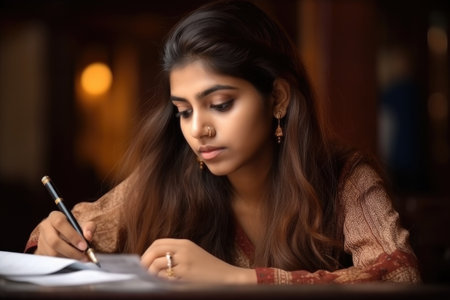 cute indian student studying for an exam at a table in the library, created with generative aiの素材