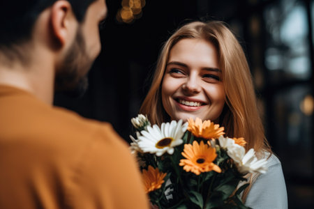 shot of a young woman receiving flowers from her boyfriend, created with generative aiの素材
