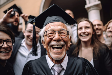 portrait of a mature man wearing glasses celebrating with friends during his graduation, created with generative aiの素材