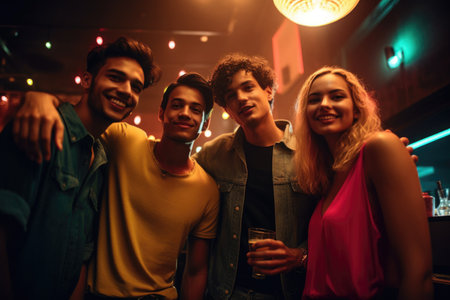 shot of a group of friends hanging out at a nightclub, created with generative aiの素材