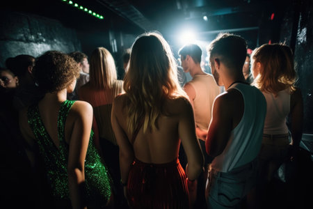 rearview shot of a group of friends dancing together in a nightclub, created with generative aiの素材