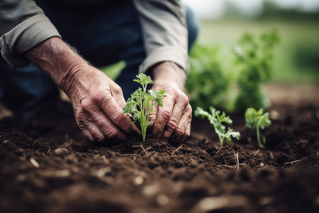 shot of an unrecognizable man planting a seedling in soil, created with generative aiの素材