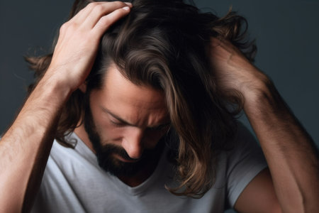 cropped shot of a man touching his and hair, created with generative aiの素材