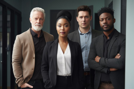 shot of a diverse group of colleagues standing together in an office, created with generative aiの素材