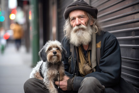 portrait of a homeless man sitting on the sidewalk with his dog, created with generative aiの素材