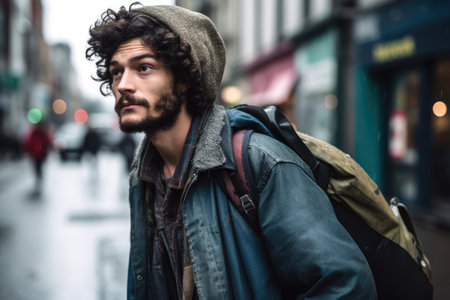 shot of a young homeless man with bags walking in the city, created with generative aiの素材