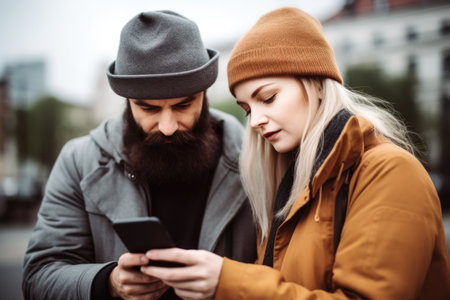 shot of an unrecognizable couple using their smartphone to search on the internet outdoor, created with generative aiの素材