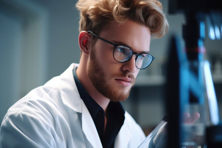 cropped shot of a handsome young scientist working in his lab, created with generative aiの素材