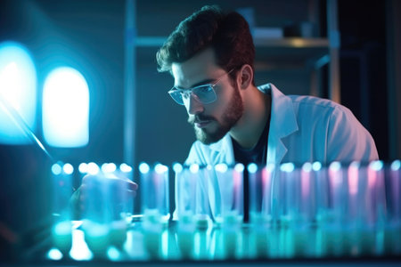 cropped shot of a handsome young male scientist working with glass tubes in his lab, created with generative aiの素材