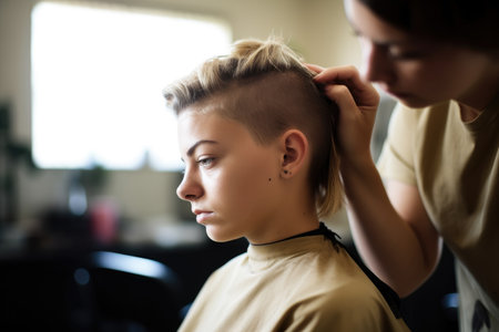 cropped portrait of a young woman getting her hair cut in a salon, created with generative aiの素材