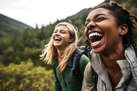 shot of two friends laughing together while out on a hike, created with generative aiの素材