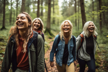 smiling friends hiking through a forest, created with generative aiの素材