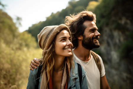 portrait of a young couple enjoying nature while out on a hike, created with generative aiの素材