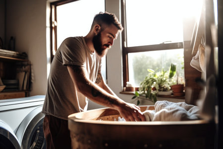 shot of a young man doing laundry on his washing machine at home, created with generative aiの素材