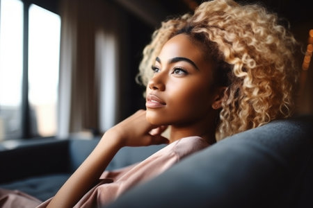 portrait of an attractive young woman using her tablet while relaxing on the sofa at home, created with generative aiの素材