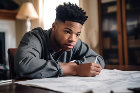 shot of a young man going through paperwork on his coffee table at home, created with generative aiの素材
