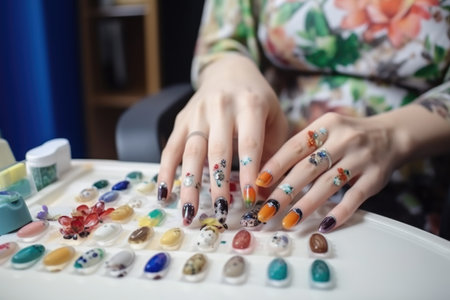 happy, portrait and woman with nail art for manicure in a beauty salon, created with generative aiの素材