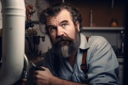plumber, maintenance and man with tools at home to solve problem, issue or repair on pipe, created with generative aiの素材