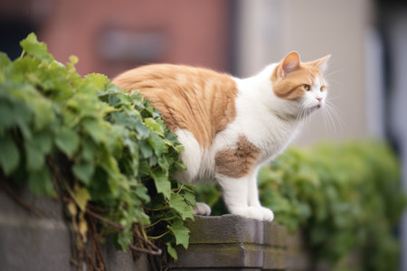 cat with bushy tail balancing on an ivy-covered wall, created with generative aiの素材