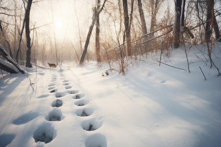 fox tracks leading through snowy woods, created with generative aiの素材