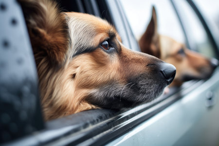 german shepherds attentive gaze through a lower rear car window, created with generative aiの素材