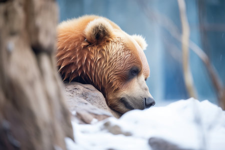 profile of hibernating bear in icy den, created with generative aiの素材
