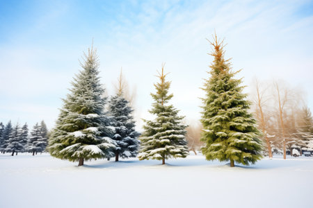 thick snow on conifers creating a winter wonderland, created with generative aiの素材