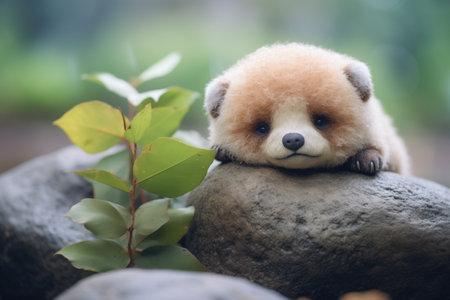 fluffy bear nestled against cold stone, created with generative aiの素材