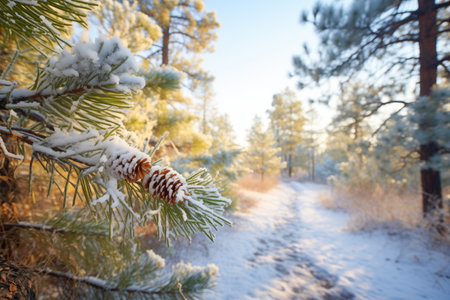 frosted pine branches above a trail path, created with generative aiの素材