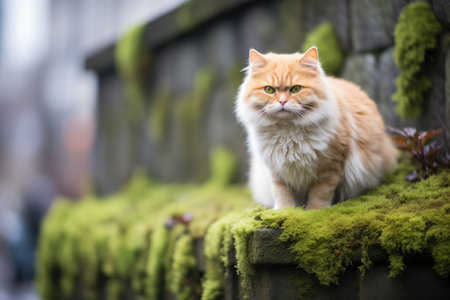 fluffy cat on a moss-covered stone wallの素材
